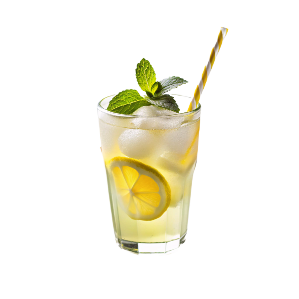glass of lemon juice with ice and straw is isolated on transparent background png