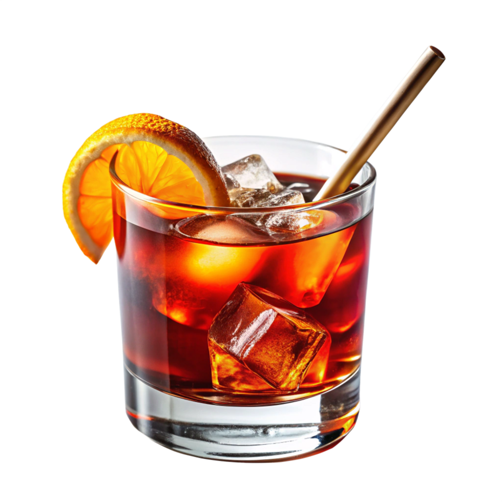 glass of negroni with ice and straw in the glass is isolated on transparent background png