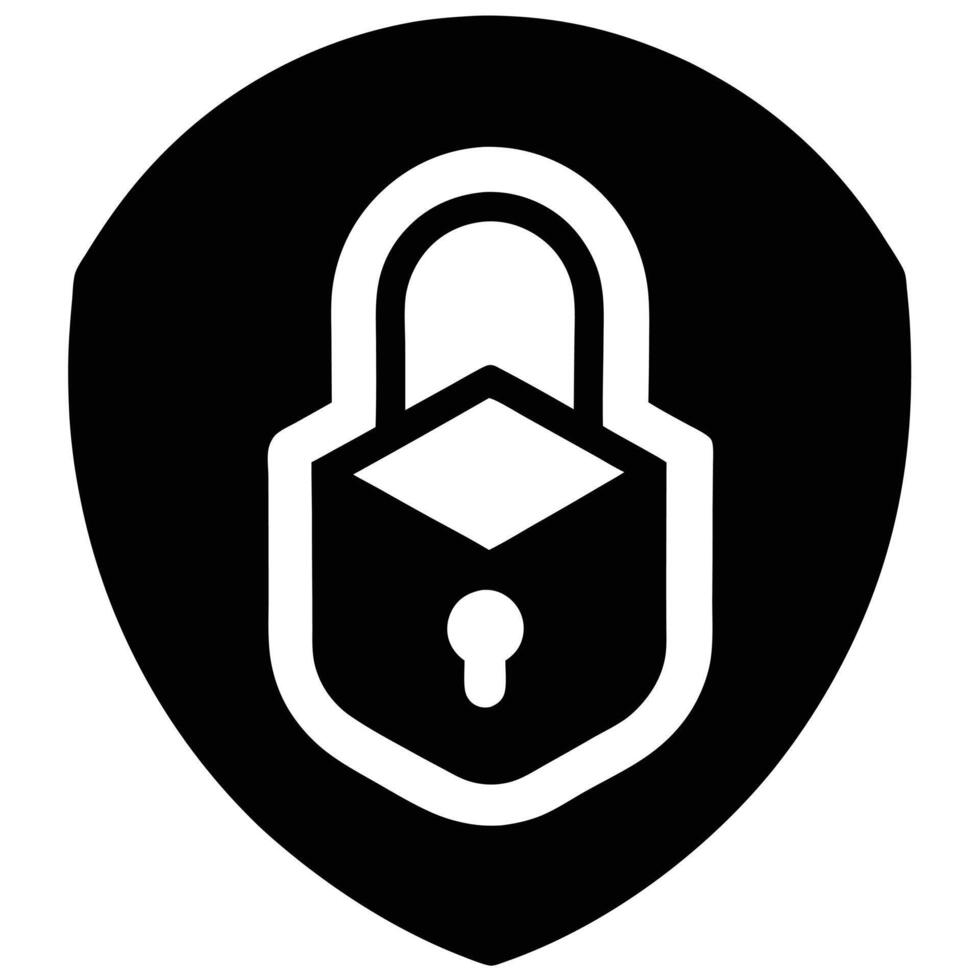 padlock symbol, shield shape, black and white icon vector