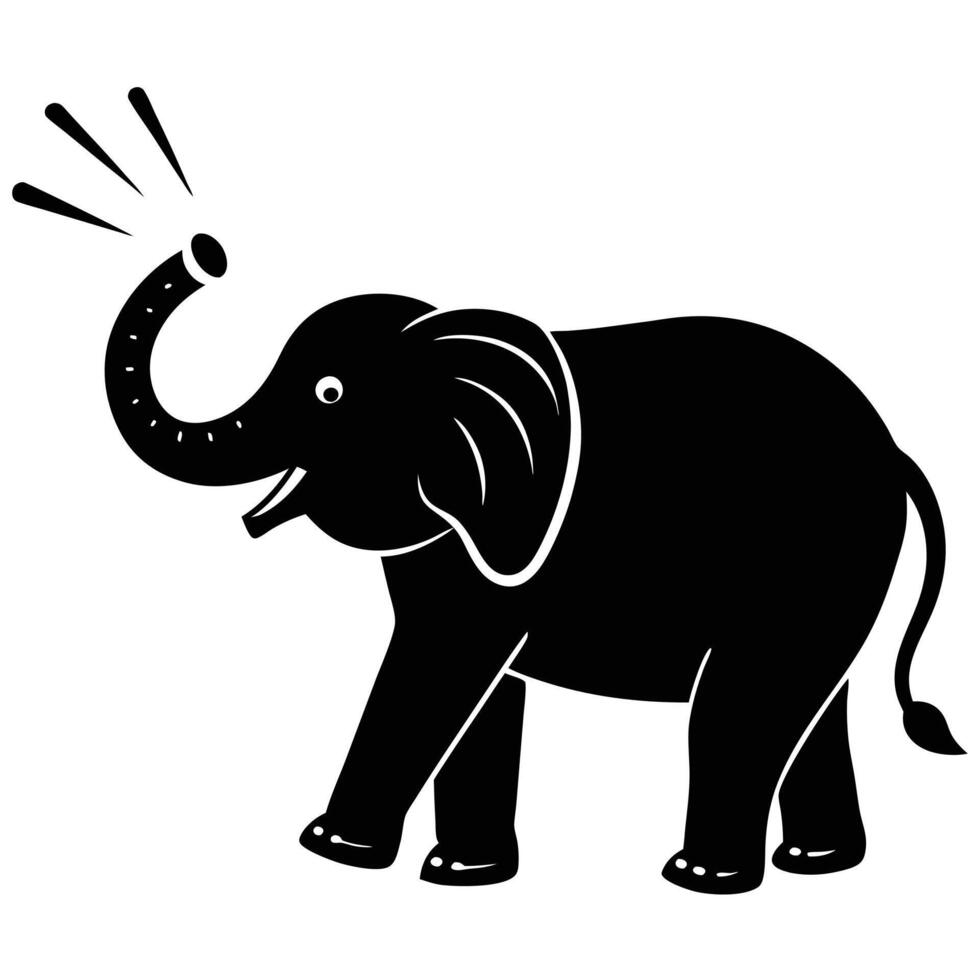 elephant silhouette, stylized elephant, trunk raised, Black and white illustration vector