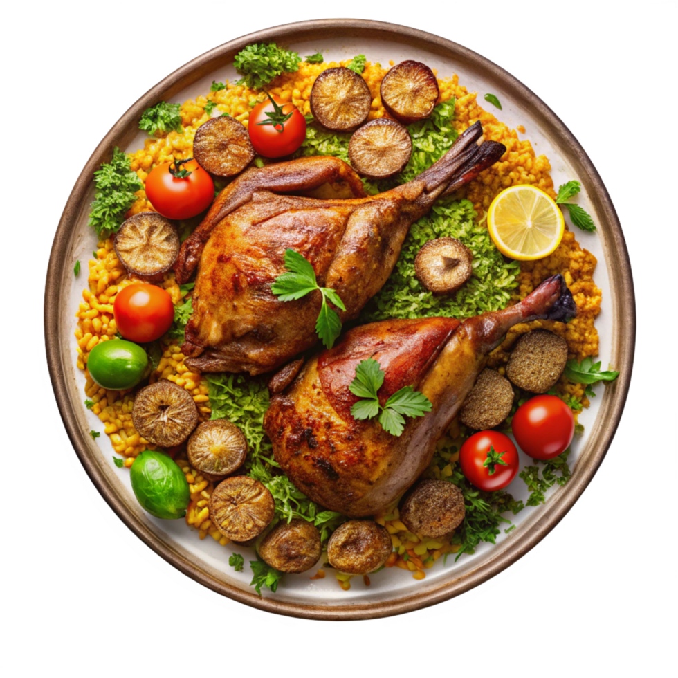 tasty rice with pieces of legs chicken is isolated on transparent background png