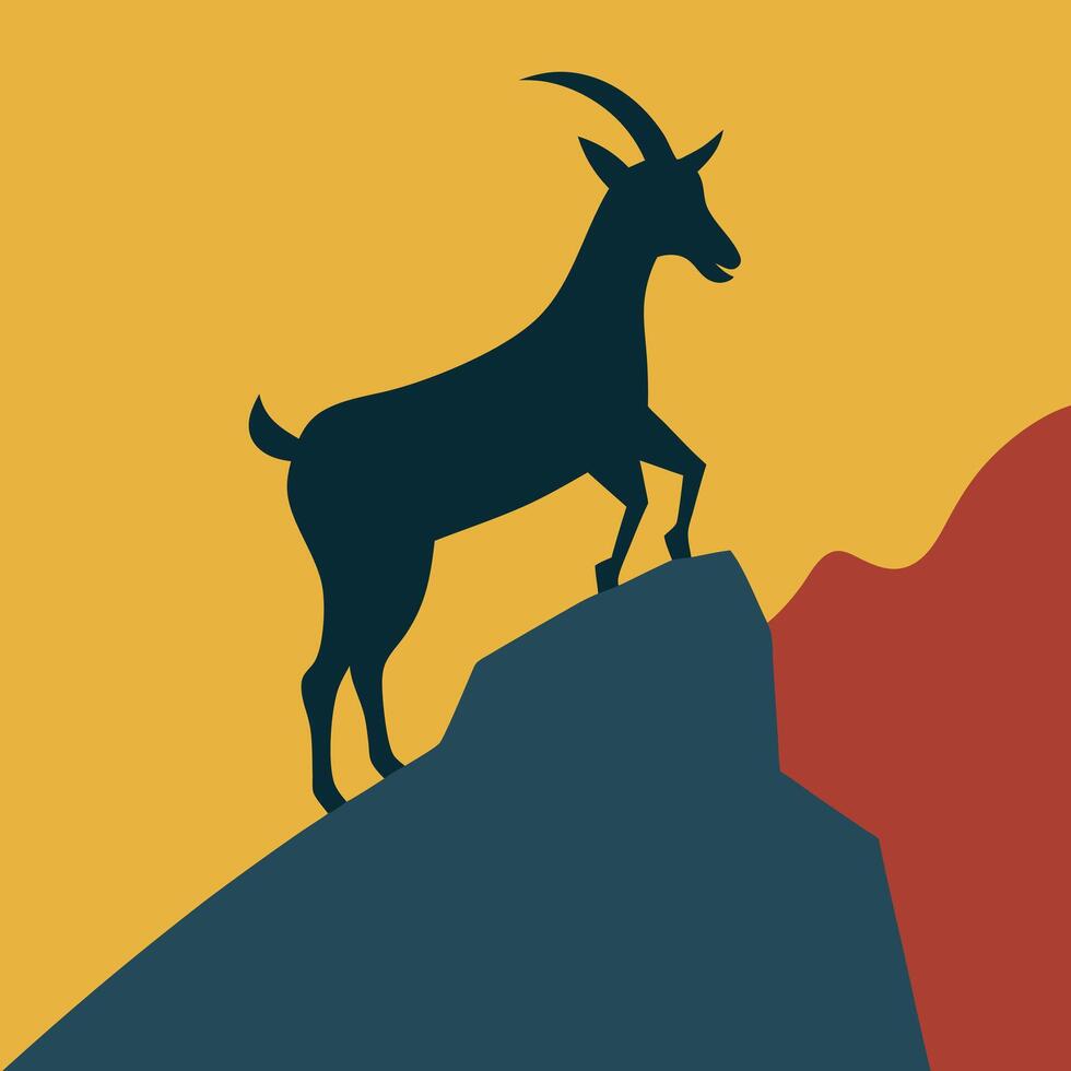 mountain goat silhouette, standing on rocky peak, Minimalist illustration vector