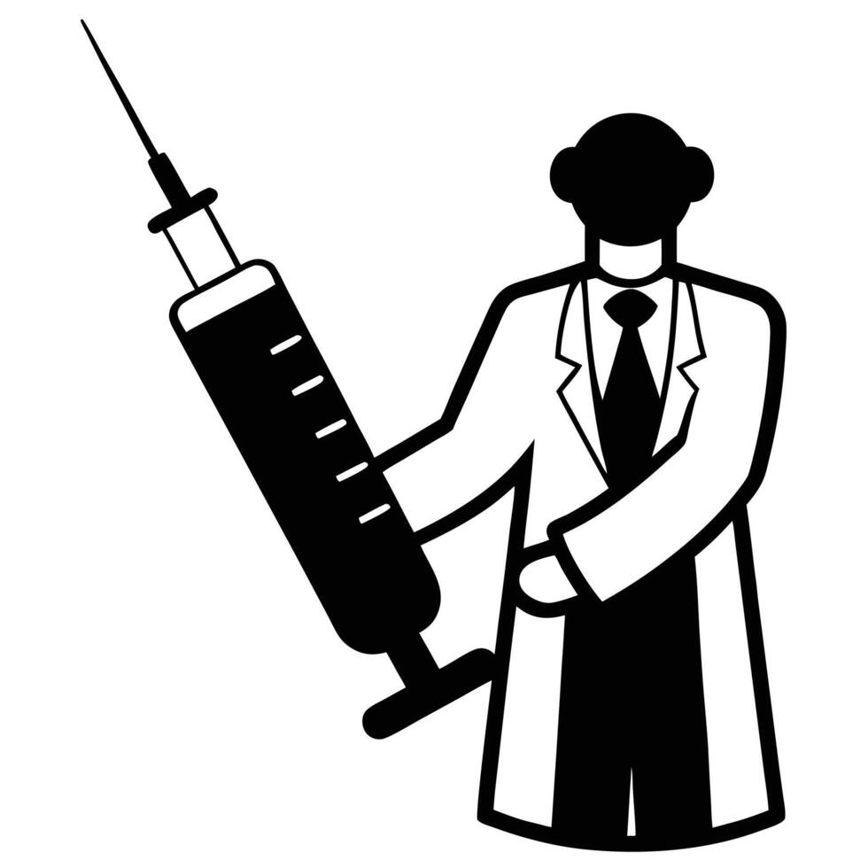 Medical professional, large syringe, black and white illustration vector
