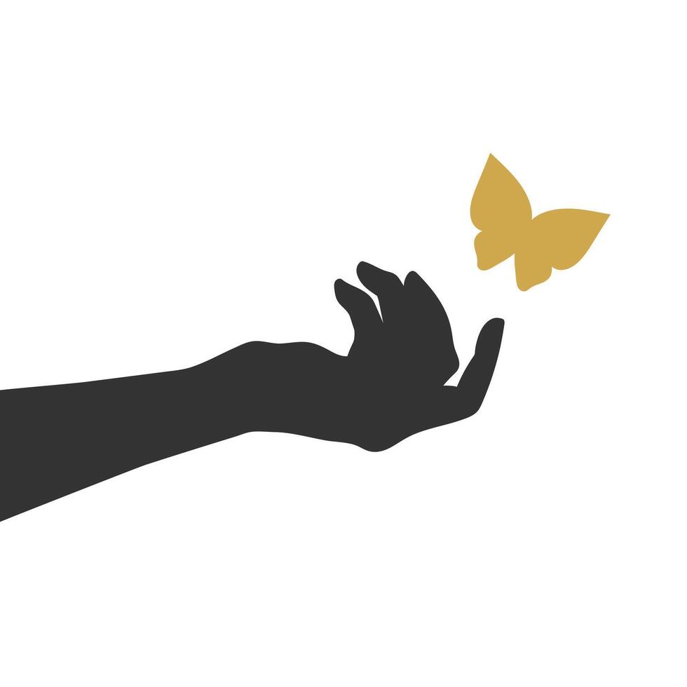 Silhouette of human hand and golden butterfly. Hand reaches for the butterfly. Minimalist art background vector