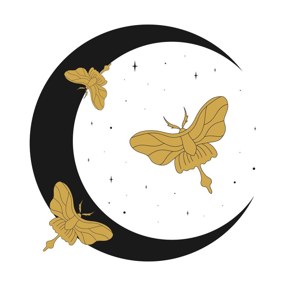 Golden butterflies flying on a crescent moon background. Celestial emblem with butterflies, crescent and stars vector