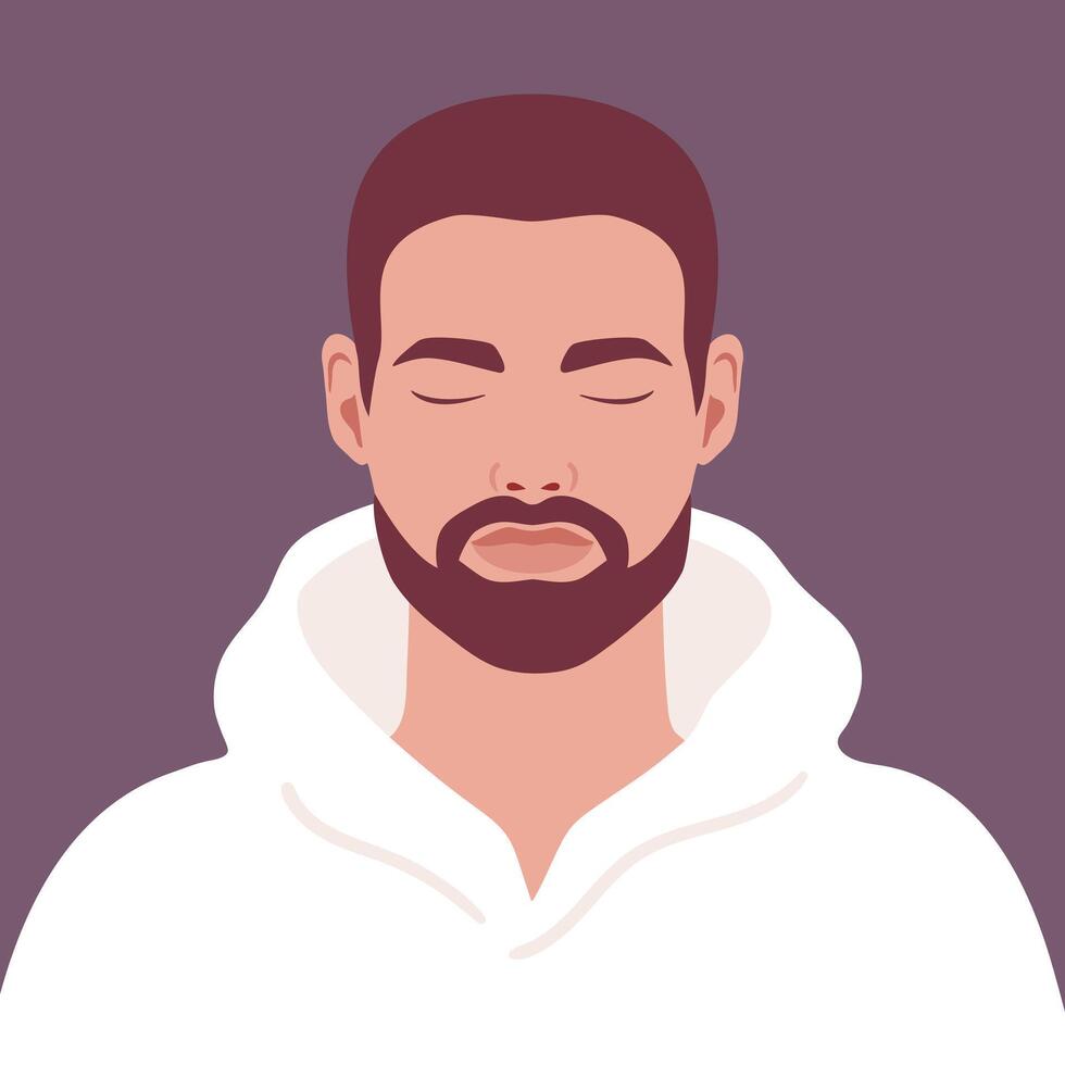 Young bearded man in a hoodie with closed eyes. Portrait or an avatar of a male vector
