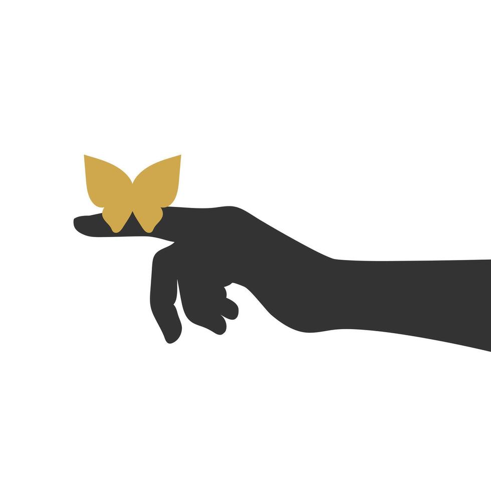 Silhouette of golden butterfly sitting on a finger. Human hand and butterfly silhouettes. Minimalist art background vector