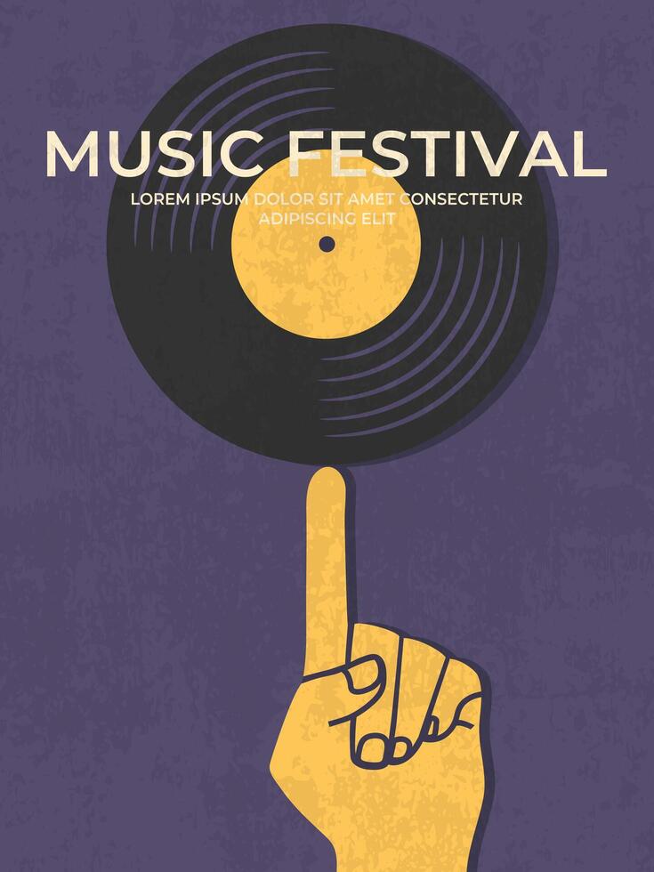 Music festival poster with a hand spinning vinyl record on an index finger. Music festival template vector