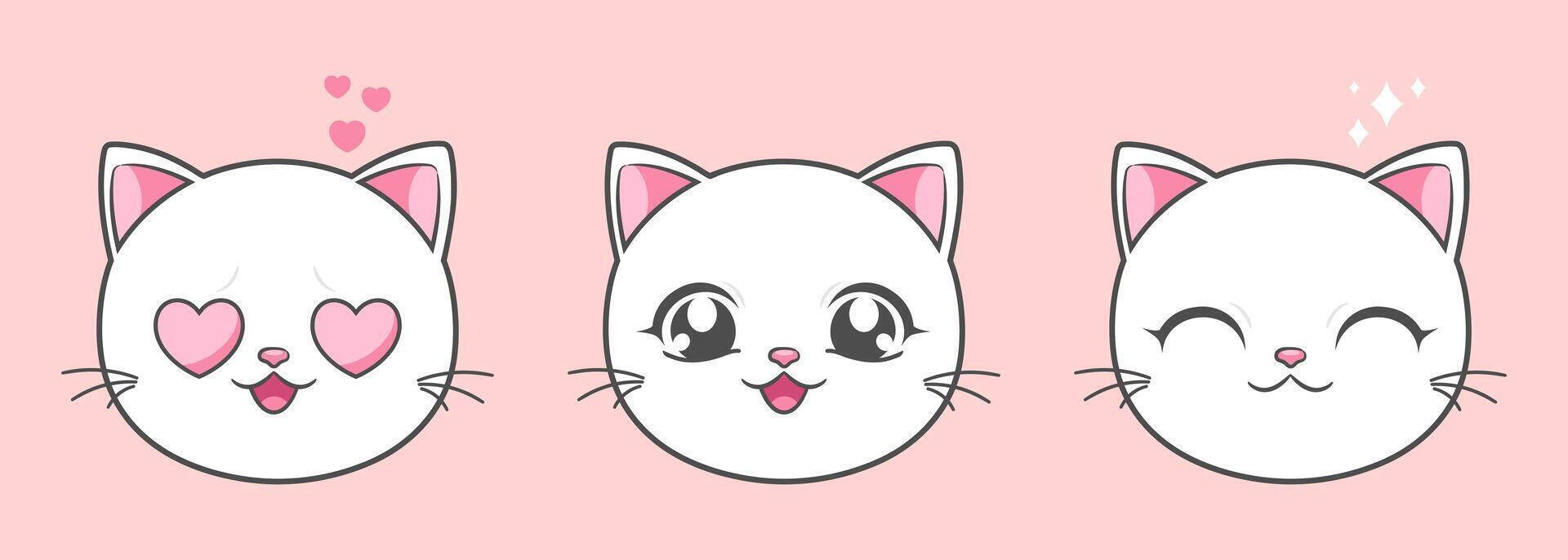 Cute white cat faces in anime style. Anime cat emojis vector