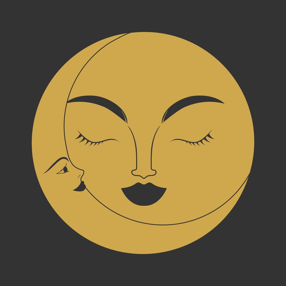 Celestial emblem with crescent and moon pair with human faces vector