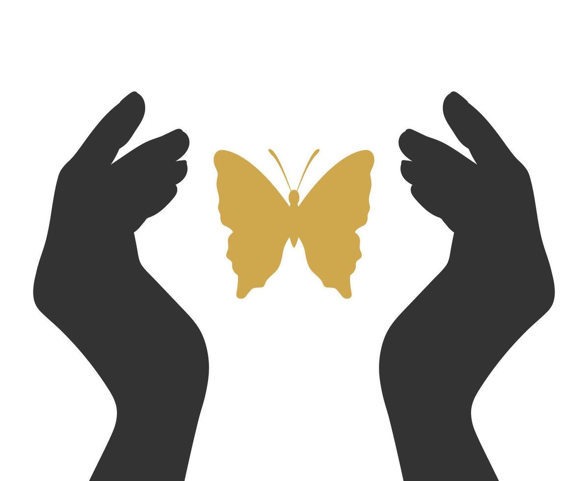 Silhouette of cupped human hands and butterfly. Butterfly and hands isolated on white background vector