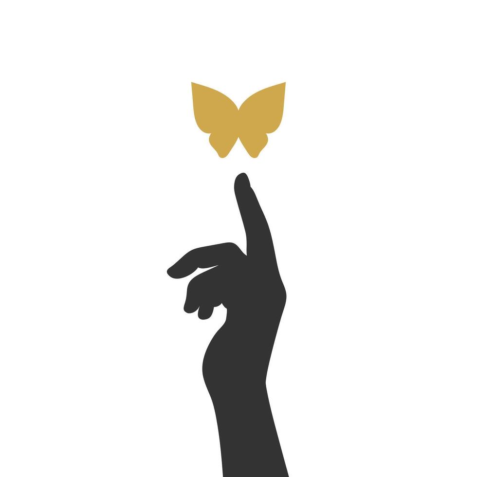 Hand reaches for the butterfly. Silhouette of human hand and golden butterfly. Minimalist art background vector