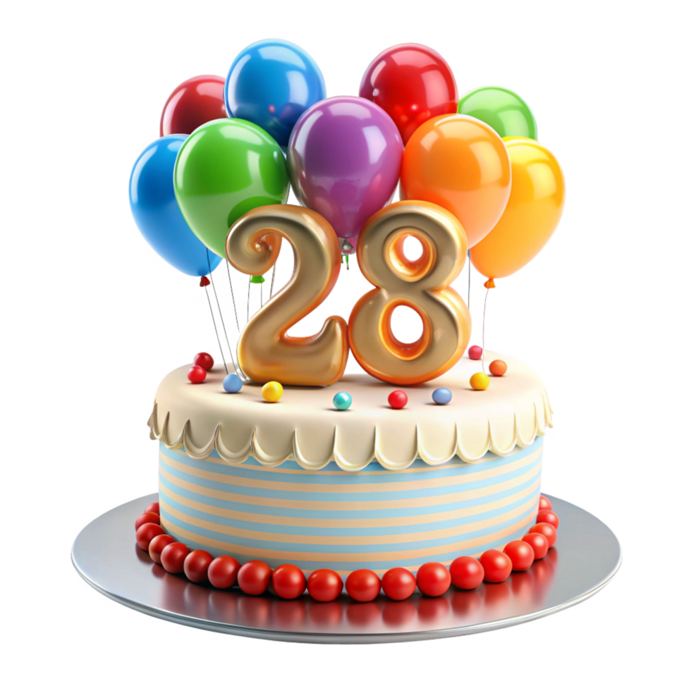 cartoon style birthday cake with balloon and written number twenty eight on the cake is isolated on transparent background png