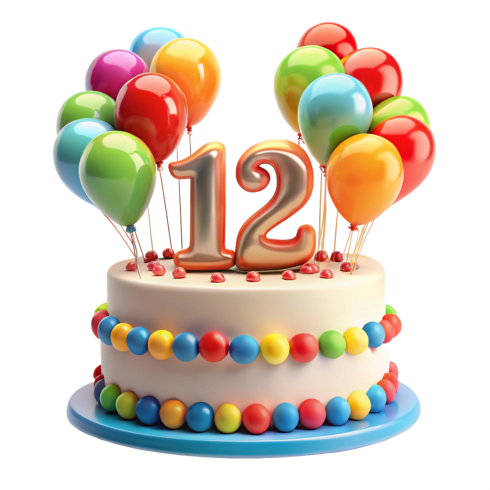 cartoon style birthday cake with balloon and written number twelve on the cake is isolated on transparent background png