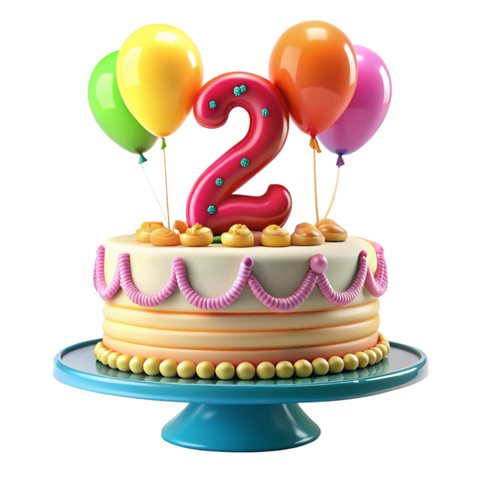 cartoon style birthday cake with balloon and number two on the cake is isolated on transparent background png