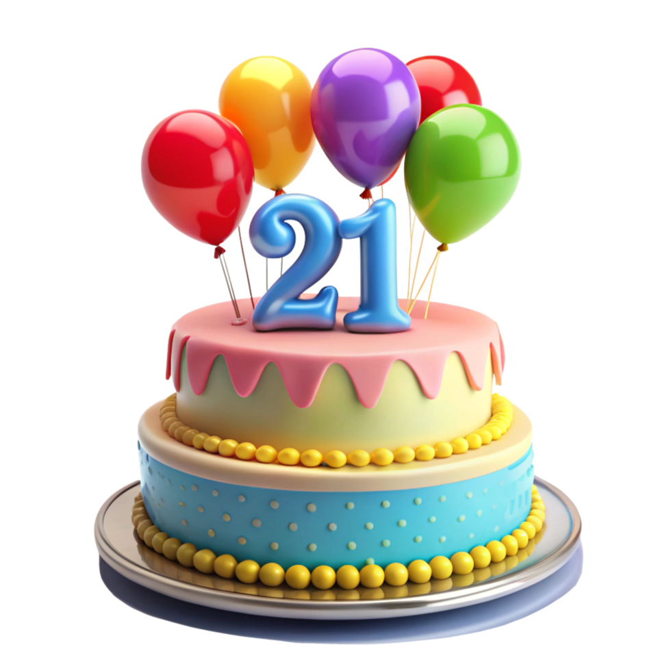 cartoon style birthday cake with balloon and written number twenty one on the cake is isolated on transparent background png