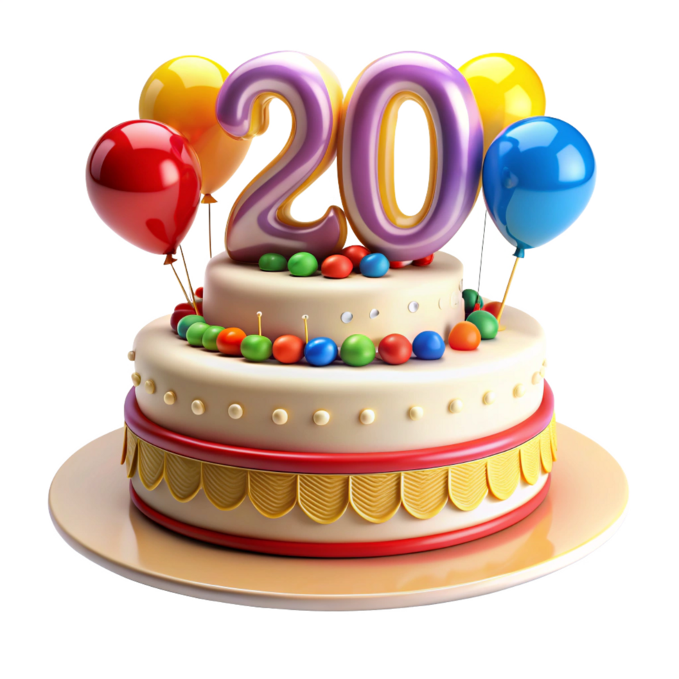 cartoon style birthday cake with balloon and written number twenty on the cake is isolated on transparent background png