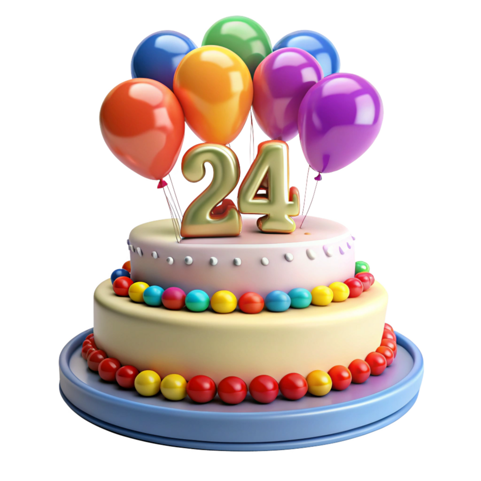 cartoon style birthday cake with balloon and written number twenty four on the cake is isolated on transparent background png