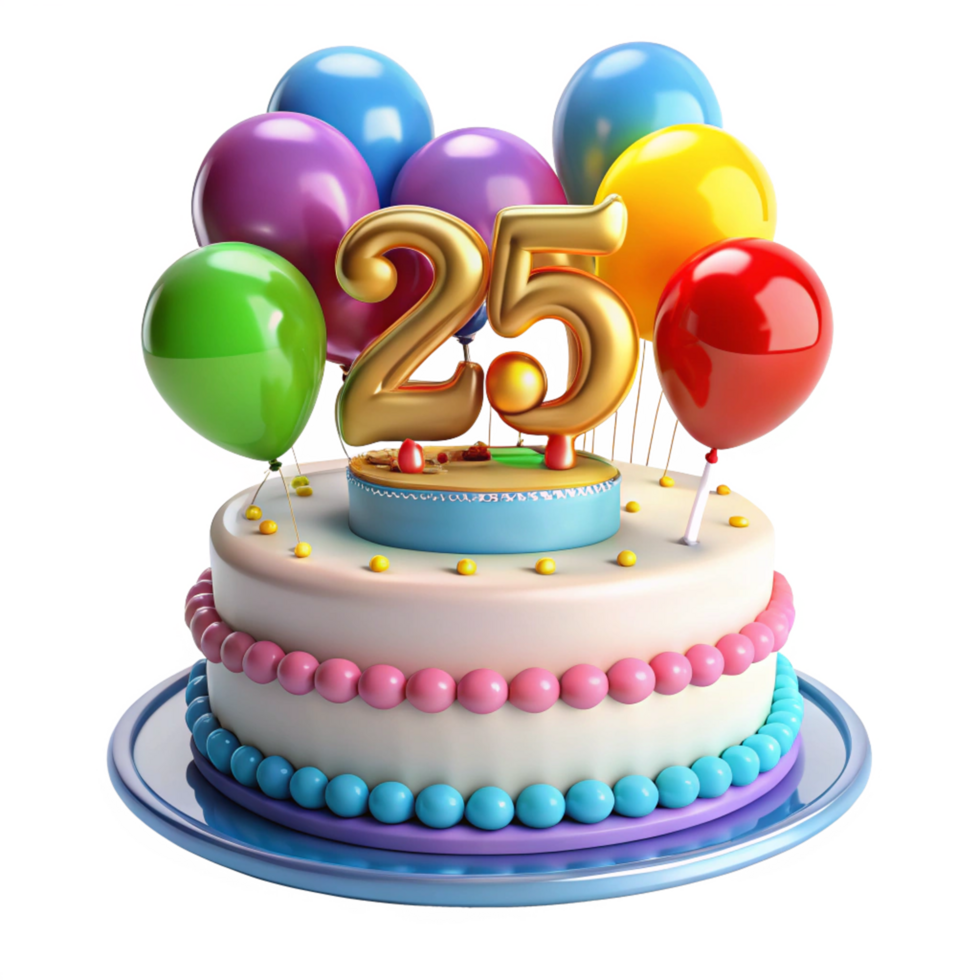 cartoon style birthday cake with balloon and written number twenty five on the cake is isolated on transparent background png