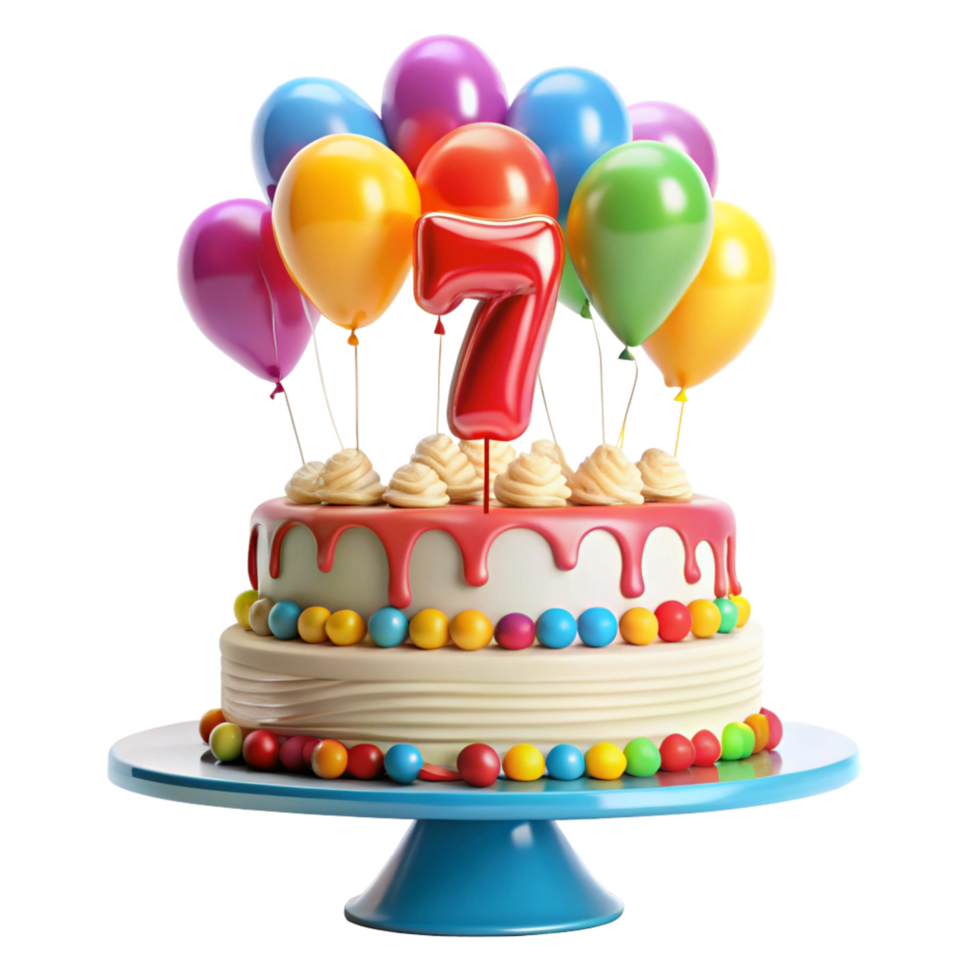 cartoon style birthday cake with balloon and written number seven on the cake is isolated on transparent background png