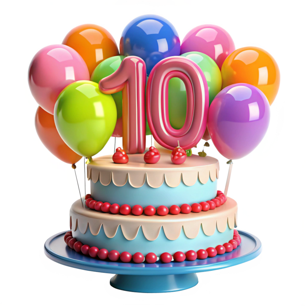 cartoon style birthday cake with balloon and written number ten on the cake is isolated on transparent background png