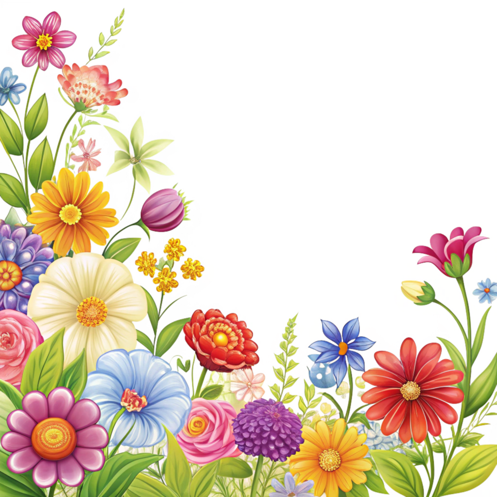 cartoon style flowers corner frame is isolated on transparent background png