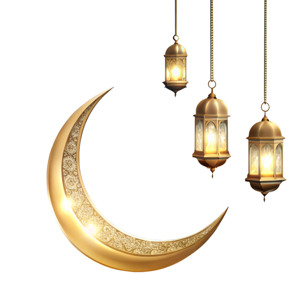 golden 3d crescent moon and lanterns is isolated on transparent background png