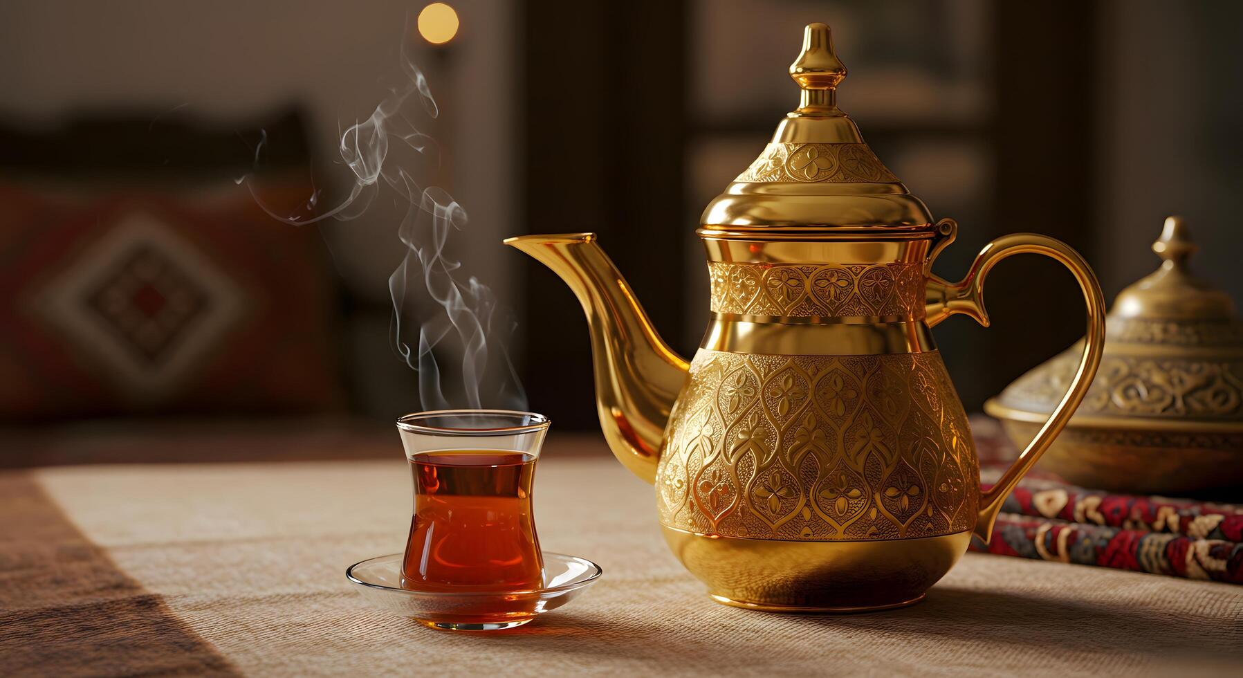 Traditional glass of hot tea with ornate golden teapot, photo
