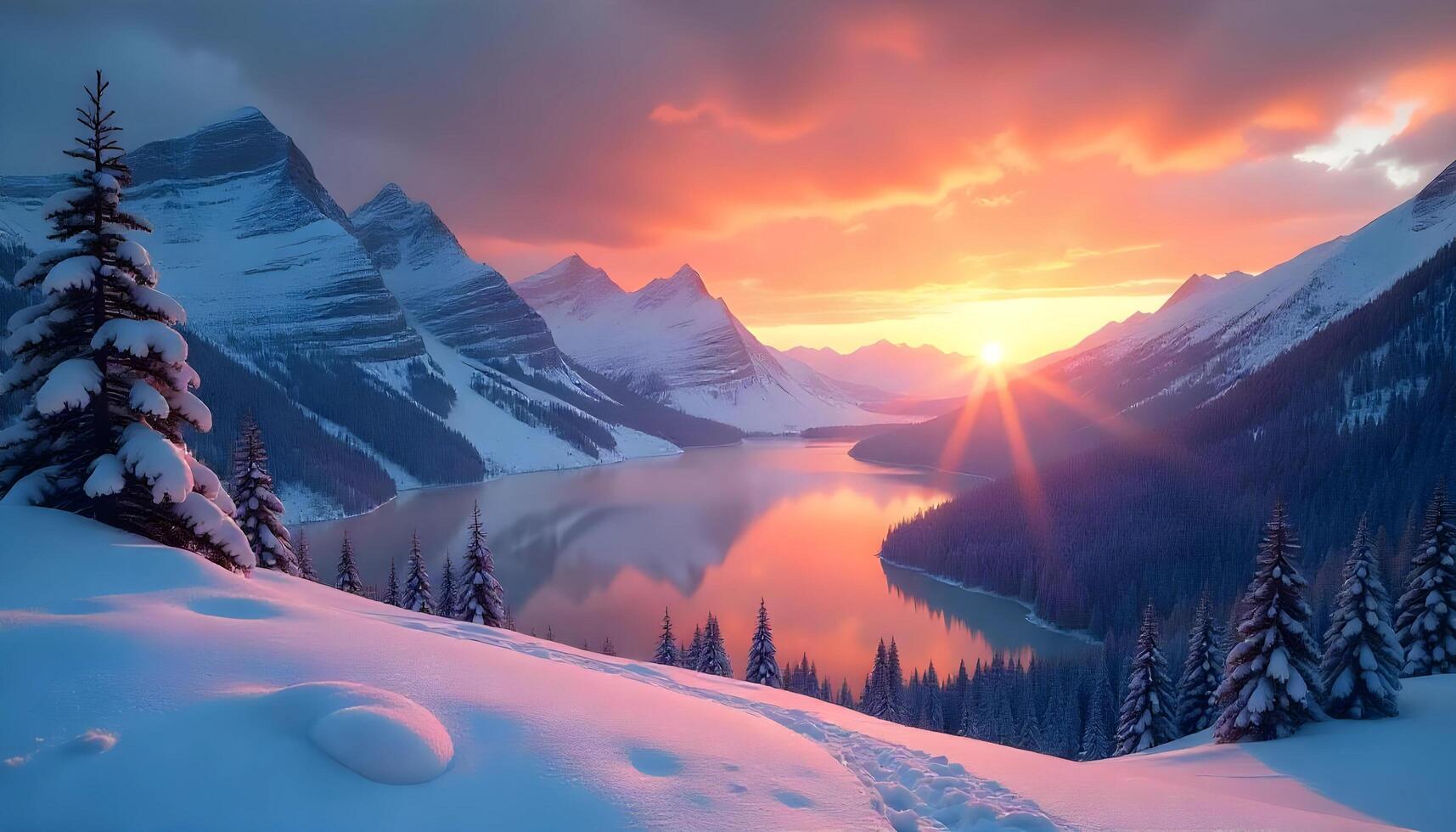 Stunning Sunset Over a Scenic Snow-Covered Mountain Lake Landscape photo