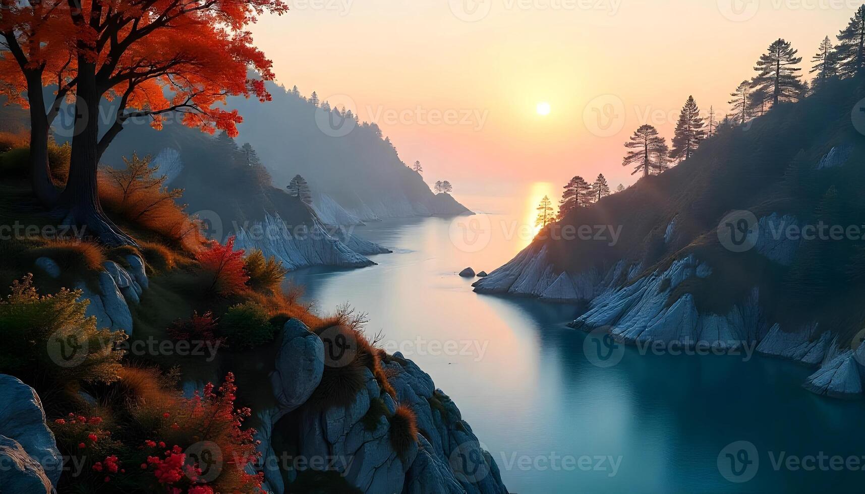 Scenic Autumn Valley with River and Mountains at Sunrise. Beautiful landscape showcasing an autumn valley with vibrant trees, a tranquil river, and picturesque mountains illuminated by the warm sunrise, exuding serenity and the beauty of nature. photo