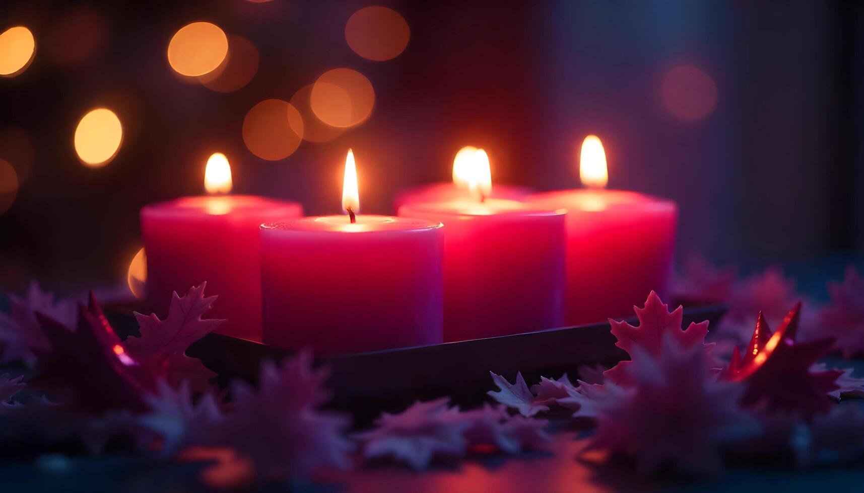 Glowing Red Candle Arrangement Amid Autumn Maple Leaves and Warm Bokeh Lights photo