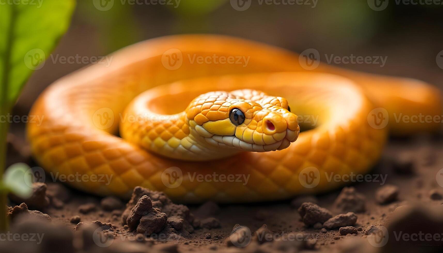 Close-up of a vibrant snake coiled on the ground. A striking snake with glossy scales coiled on earthy ground, surrounded by small rocks and green leaves. photo