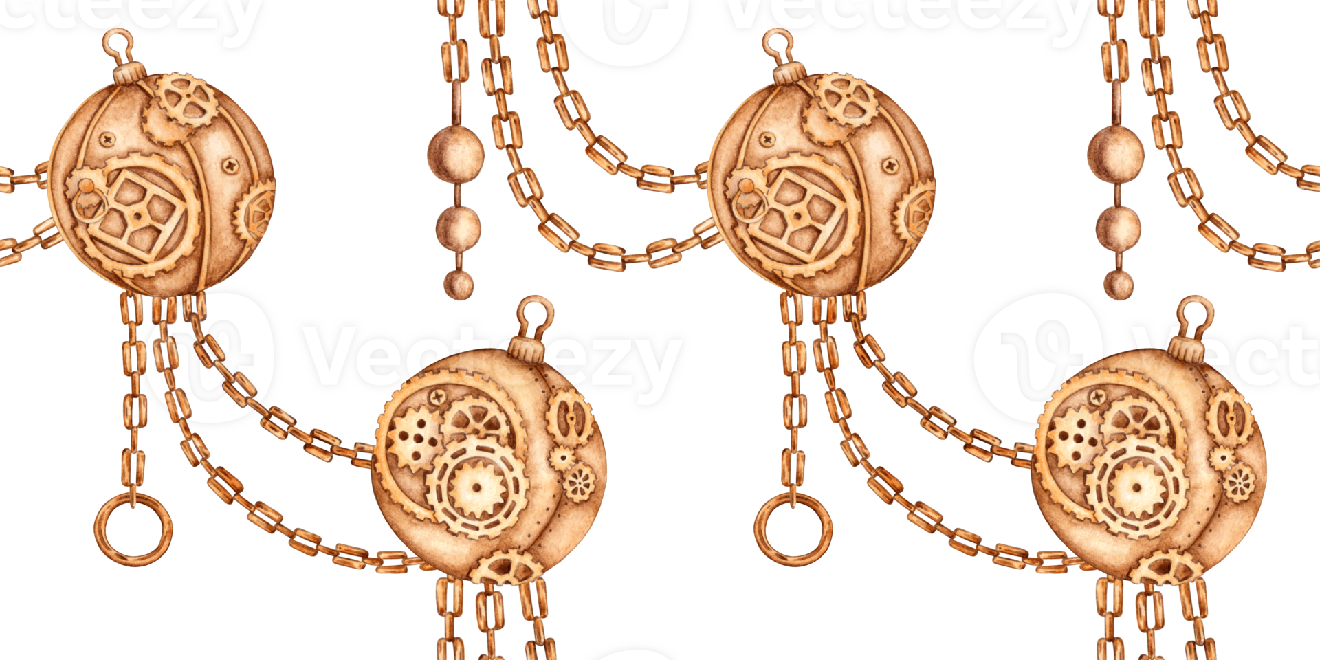 Gold chains, hanging stripes, rings Christmas balls watercolor illustration, hand drawn. New Year's seamless pattern in steampunk style. Isolated from the background. png