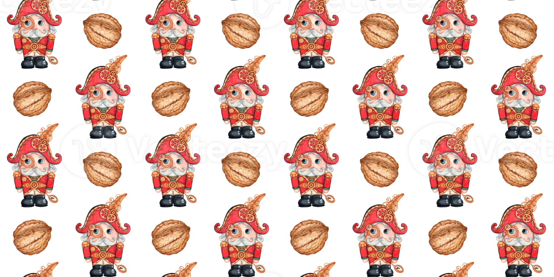 Nutcracker and walnut watercolor illustration in steampunk style, toy soldier hand drawn. Christmas, New Year seamless pattern isolated from background. png