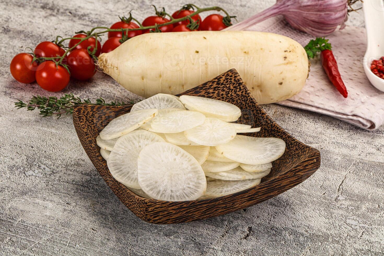 A bowl of sliced potatoes and a bowl of tomatoes photo