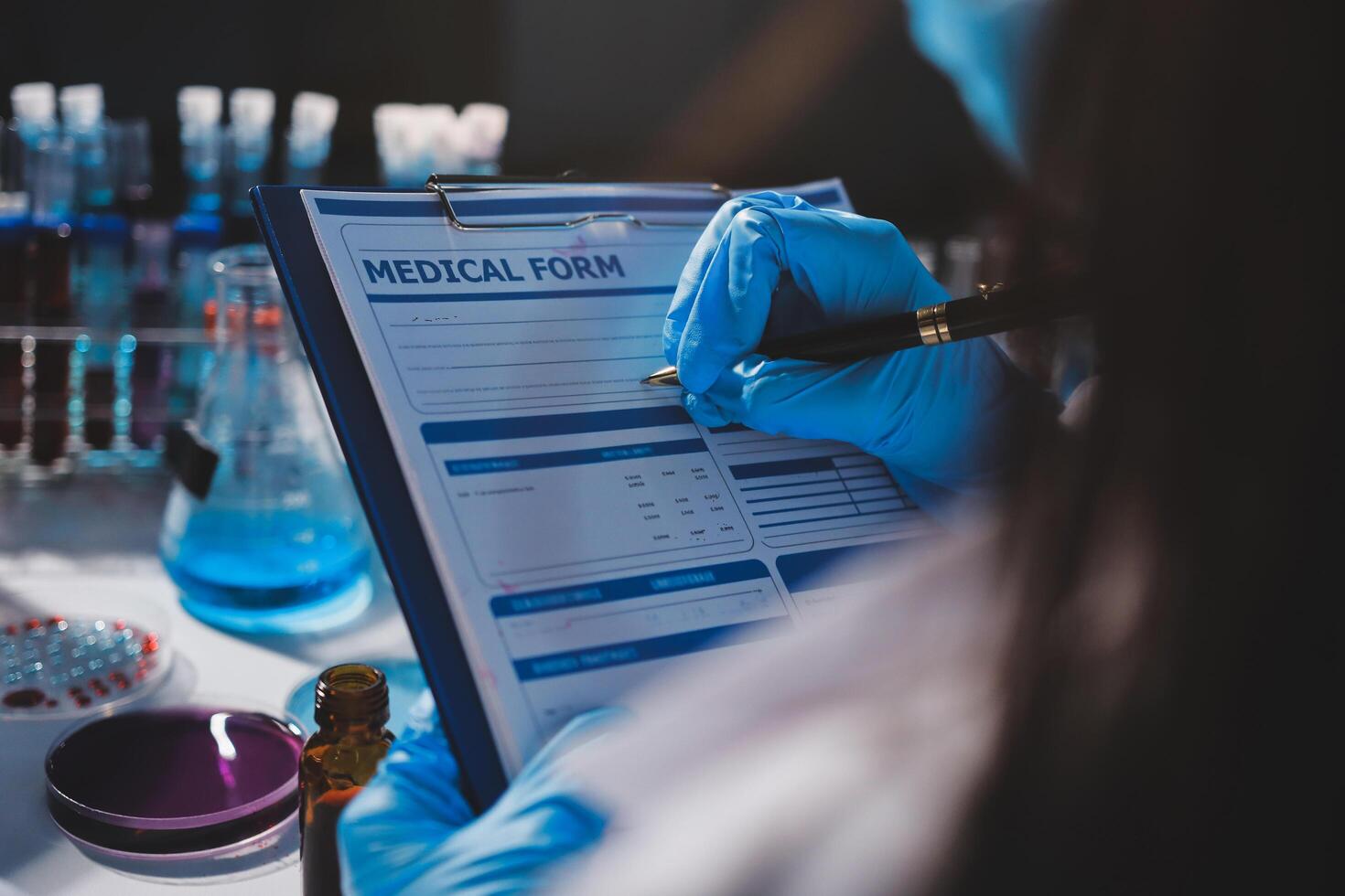 Medical report on clipboard in laboratory photo