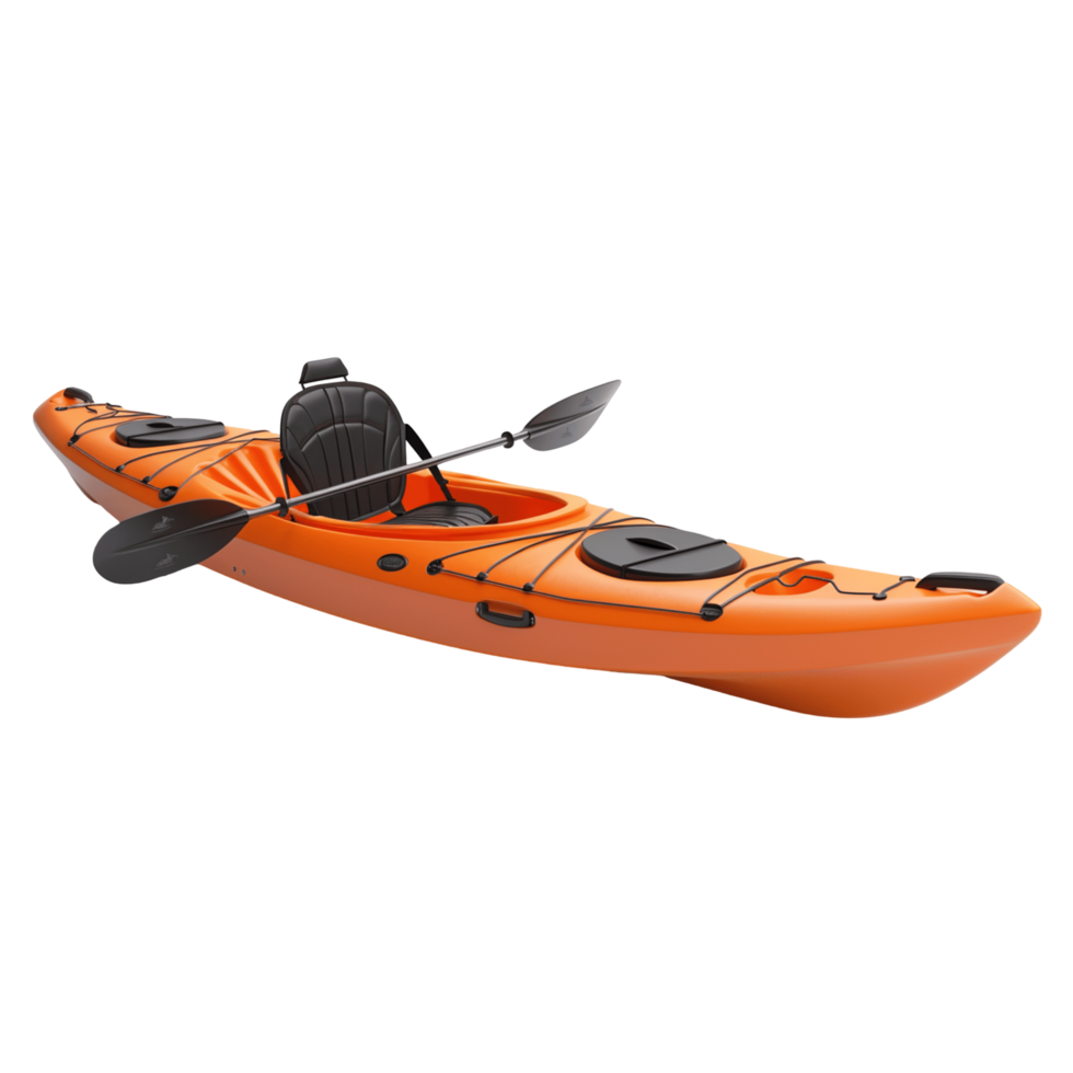 Bright Orange Kayak with Black Seat and Dual Paddles png