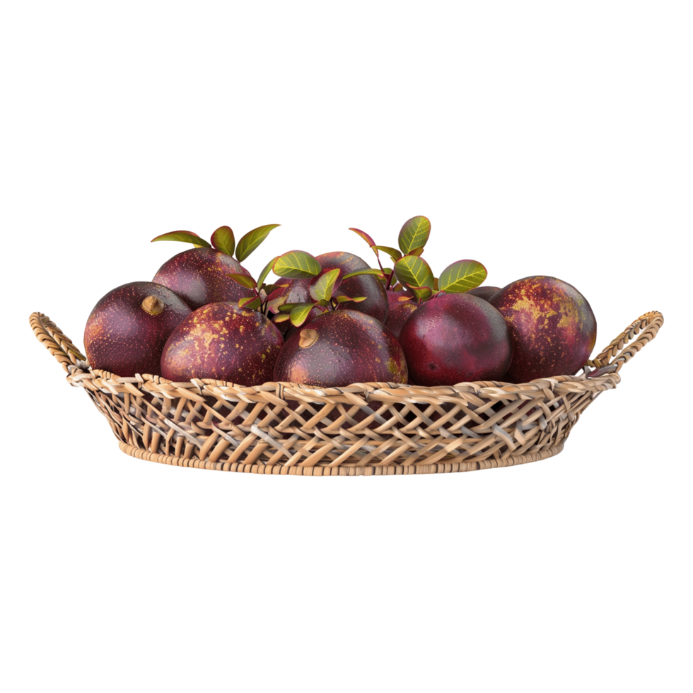 Deep Purple Mangosteen with Green Leaves in Basket png