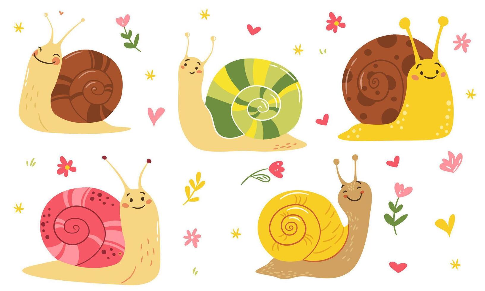 A set of flat illustrations in a simple children's style. Cute snails of different colors, hearts, flowers and daisies vector