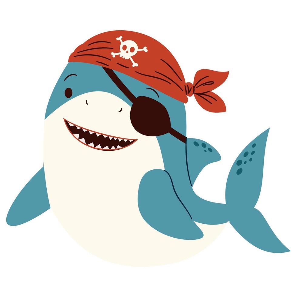 Children's illustration in simple style. Cute shark in pirate bandana and eye patch on white background vector