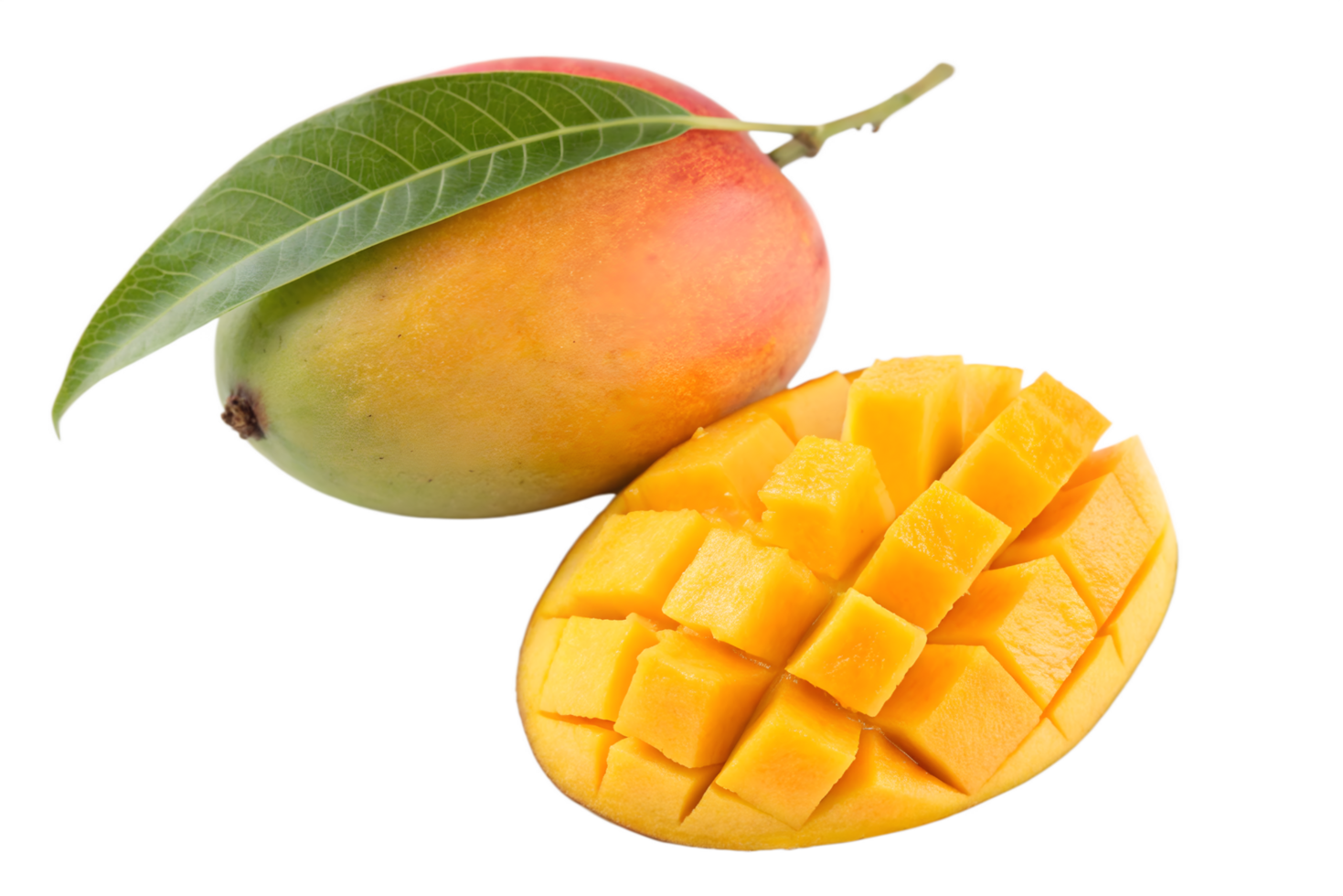 Fresh, ripe mango cut into cubes alongside a whole mango. Perfect for summer recipes and healthy snacks png