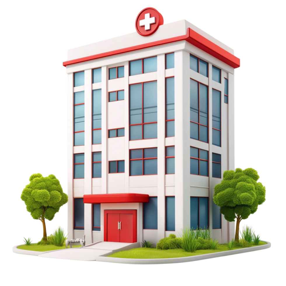 Modern Medical Building with a Red Cross Symbol on Top png