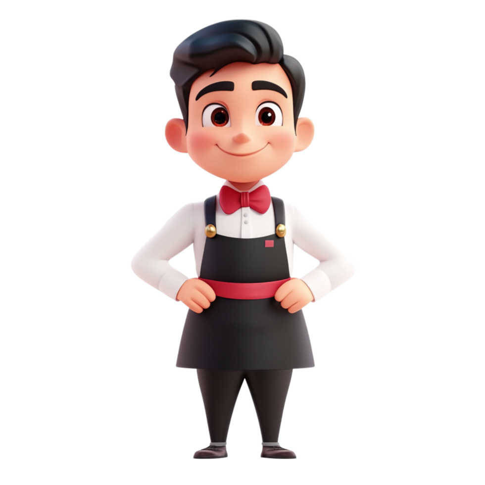 3D Cartoon Waiter in Restaurant Uniform png