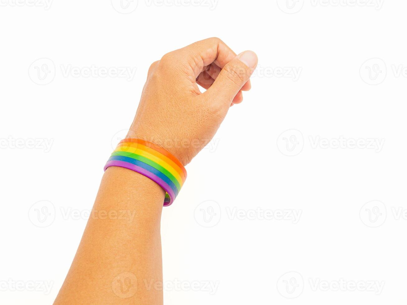 Close-up of rainbow wristband in the wrist on a white background photo