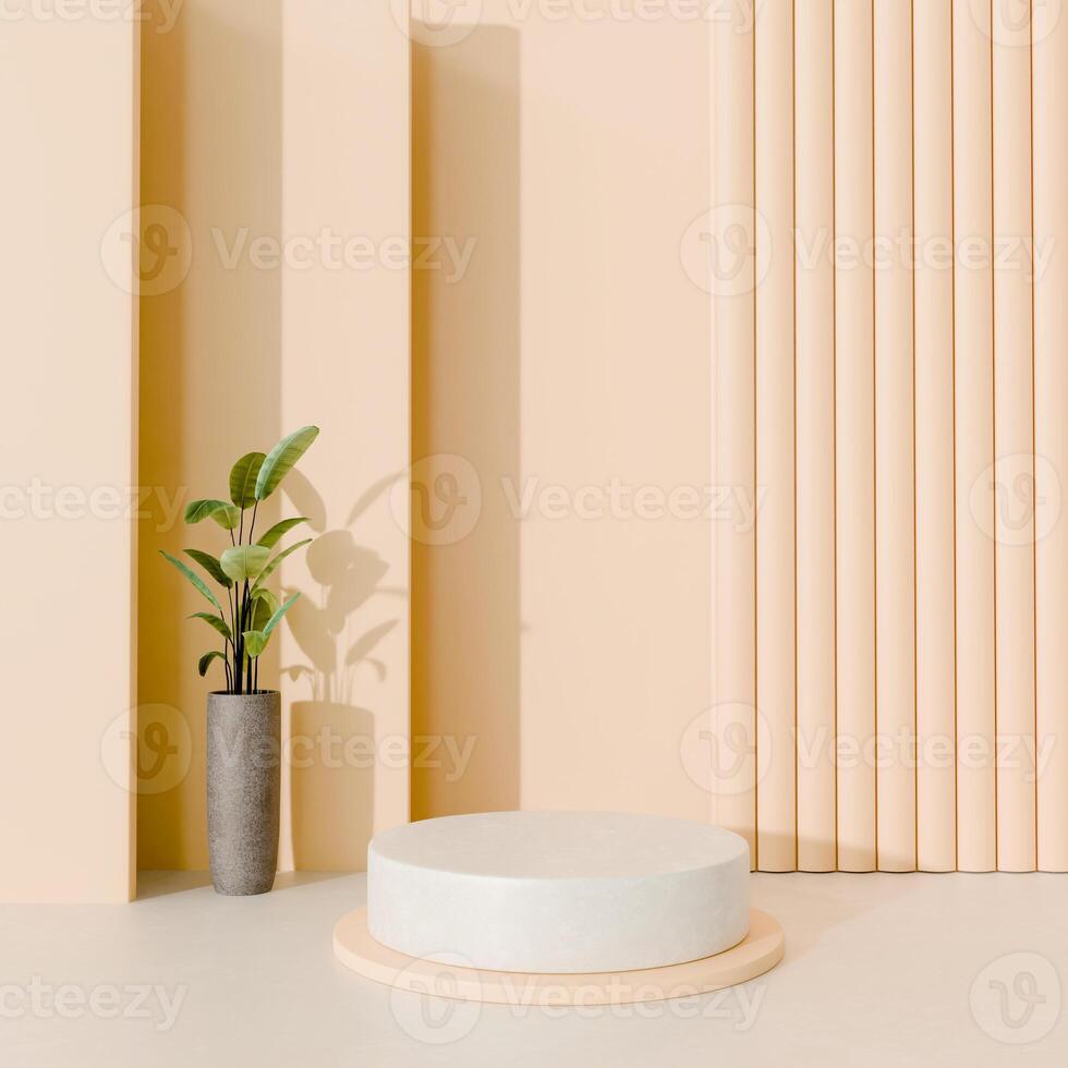 3D White circular platform on beige base, potted plant on left, beige vertical-striped wall on right, vertical architectural panels in background. Minimalist, natural scene with warm tones. photo