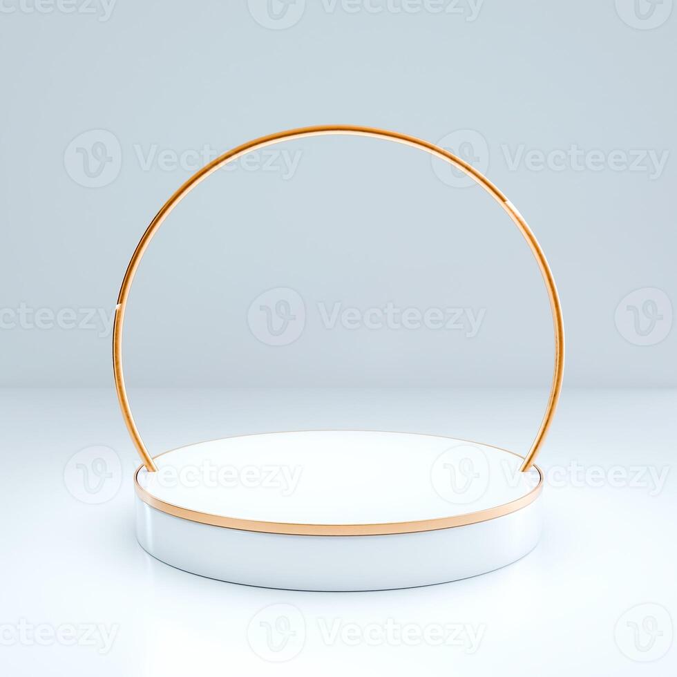 3D White circular platform with gold rim centered beneath gold semi-circular frame, soft gray background. Minimalist, elegant scene emphasizing shape and form. photo