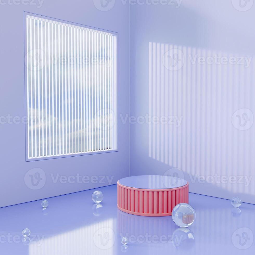 A soft lavender and peach 3D scene with a striped podium, clear spheres, and a window displaying a sky view. photo
