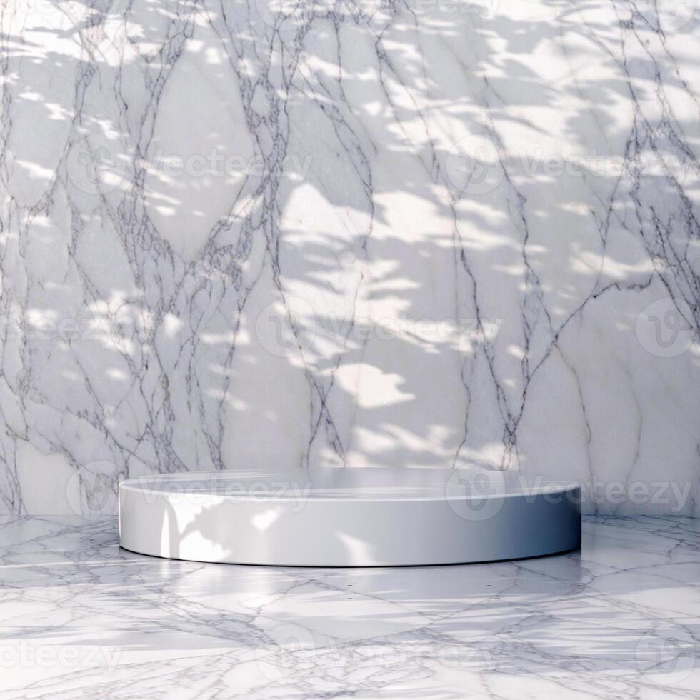 3D A dark circular table is centered against a tan wall, with a window illuminating the background with a soft glow. The scene is minimalist with warm tones. photo