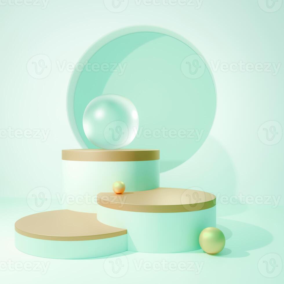 A mint green 3D scene with gold accents, featuring layered podiums, spheres, and a circular backdrop. photo
