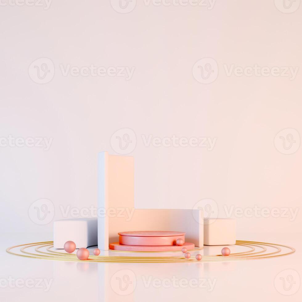 A light 3D scene with a pink double-tiered platform, white geometric shapes, gold circles, and peach spheres. photo